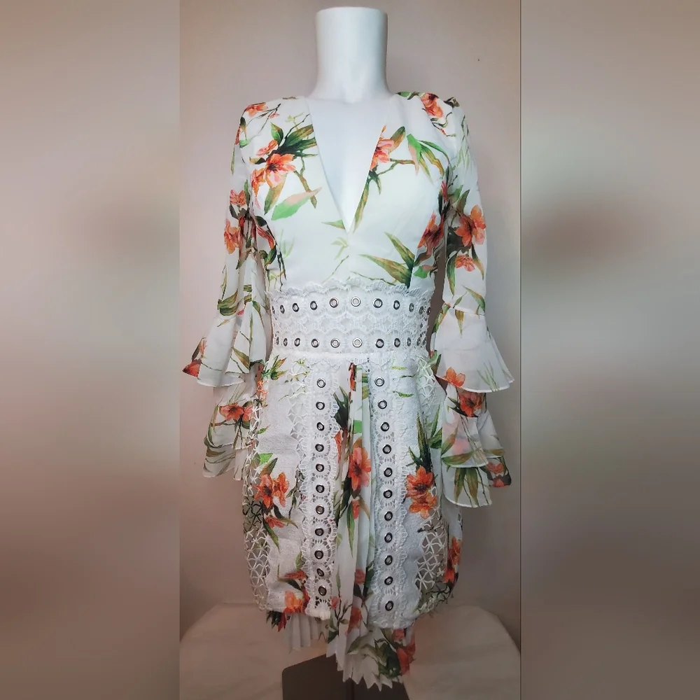 PatBO Size 6 "Wild Flower" Printed White Lace Mini Dress - Picture 1 of 14
